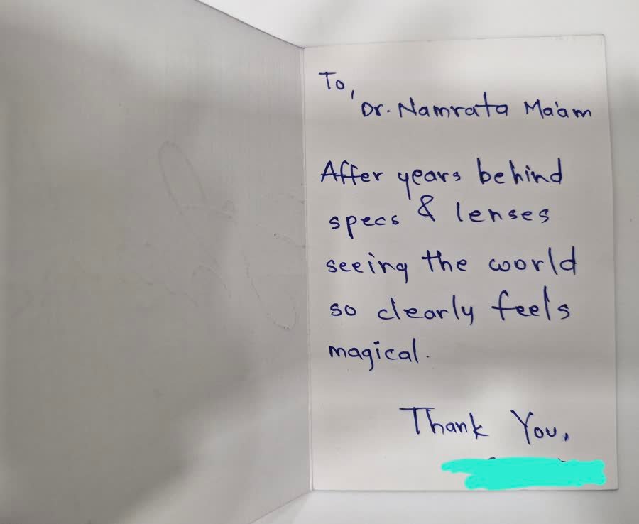 Handwritten thank you note from a patient of Dr. Namrata Kabra